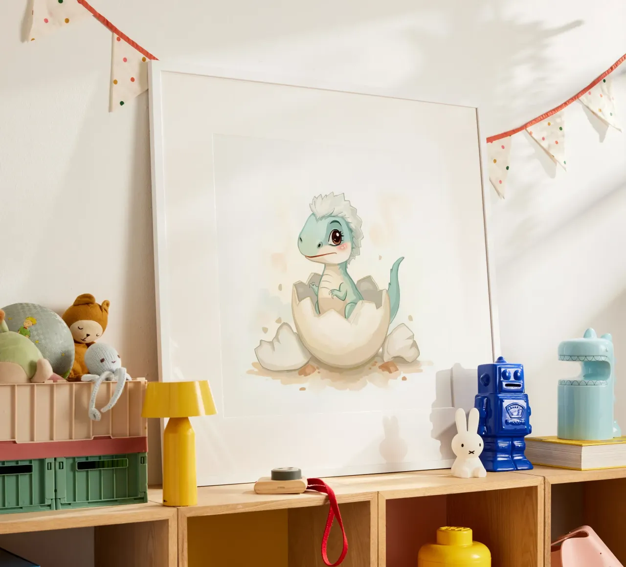 Little dinosaur hatching from an egg in watercolor style poster by DesignDoodle