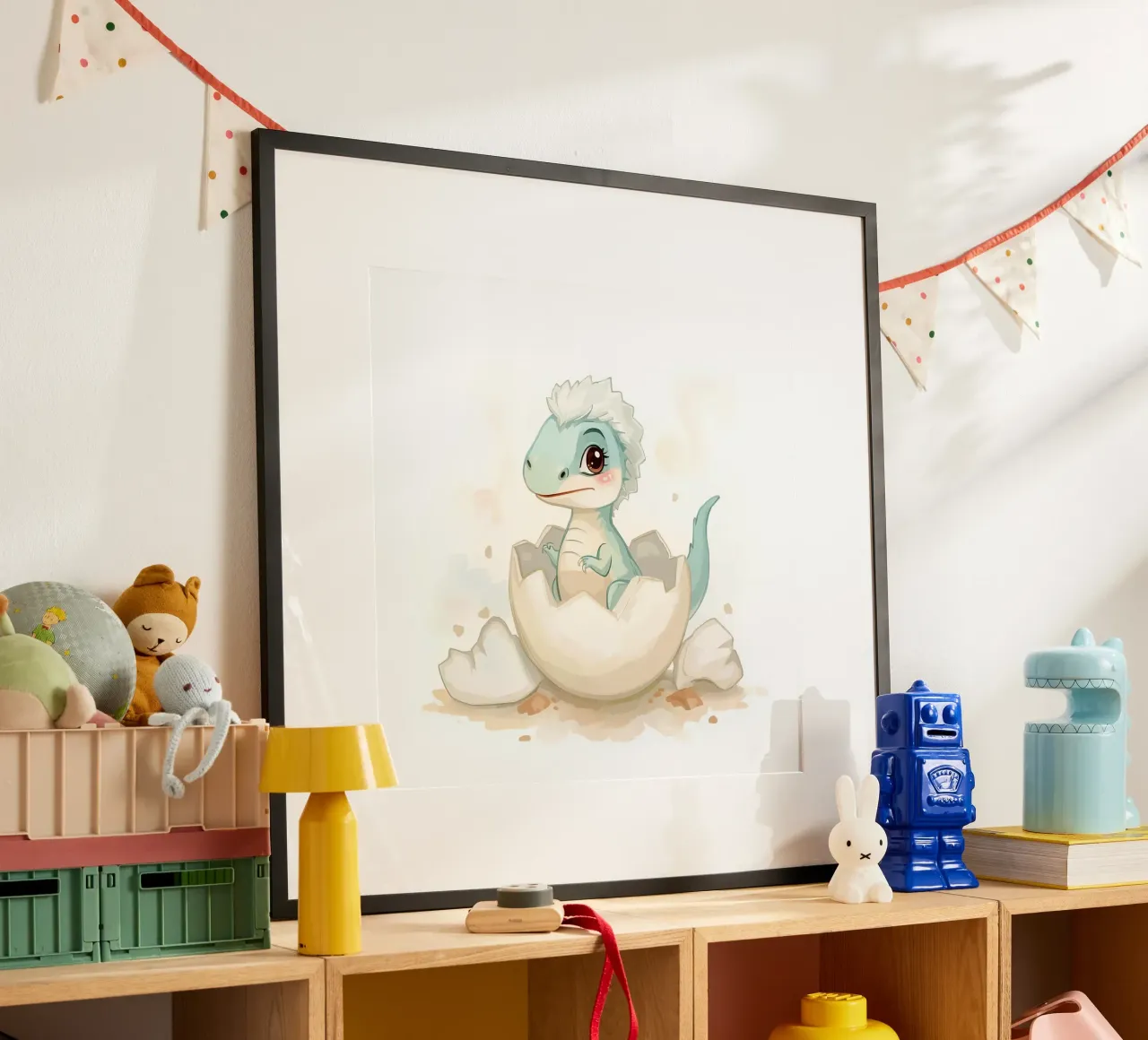 Little dinosaur hatching from an egg in watercolor style poster by DesignDoodle