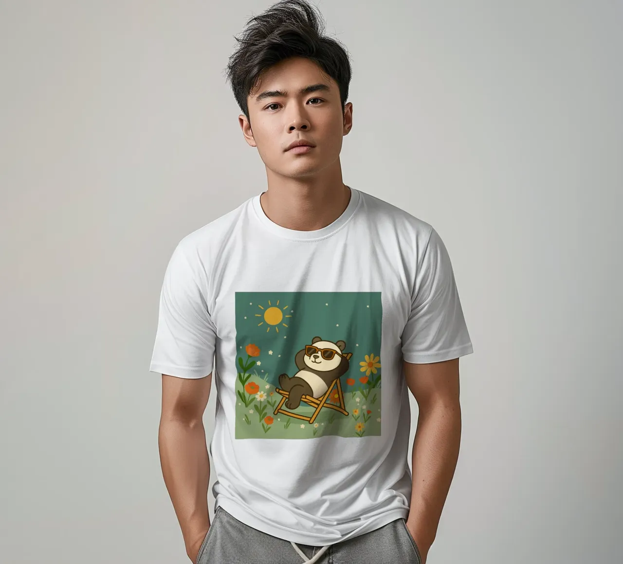 Un panda rilassato, sdraiato su una sedia a sdraio, con indosso un fresco sole t-shirt da namosh