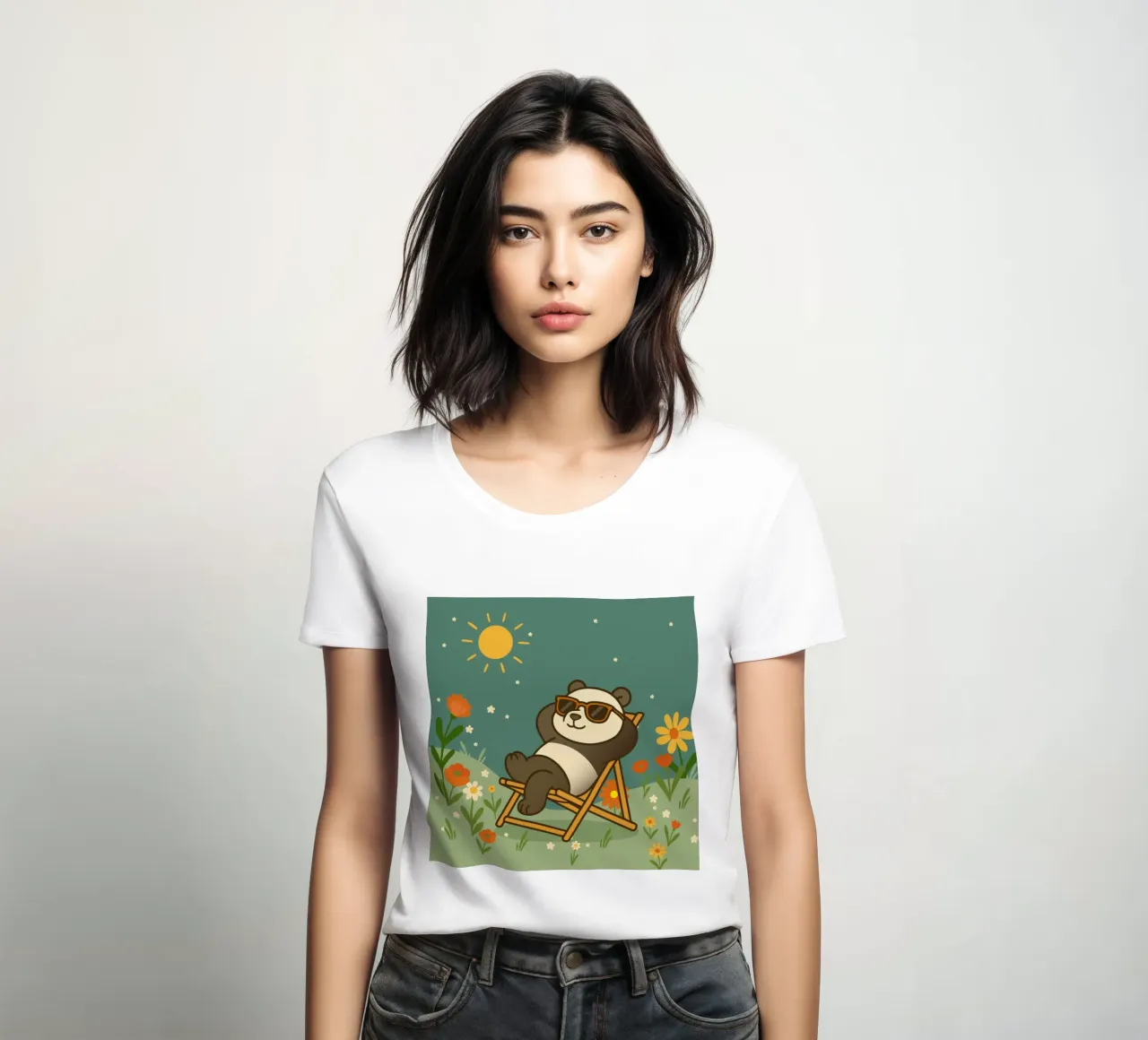 Un panda détendu allongé dans une chaise longue, portant un soleil cool t-shirt ajusté pour femmes de namosh