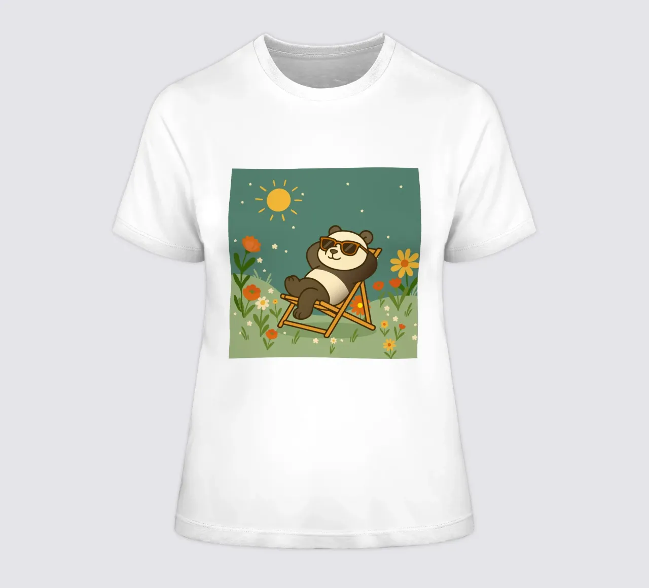 Un panda détendu allongé dans une chaise longue, portant un soleil cool t-shirt ajusté pour femmes de namosh