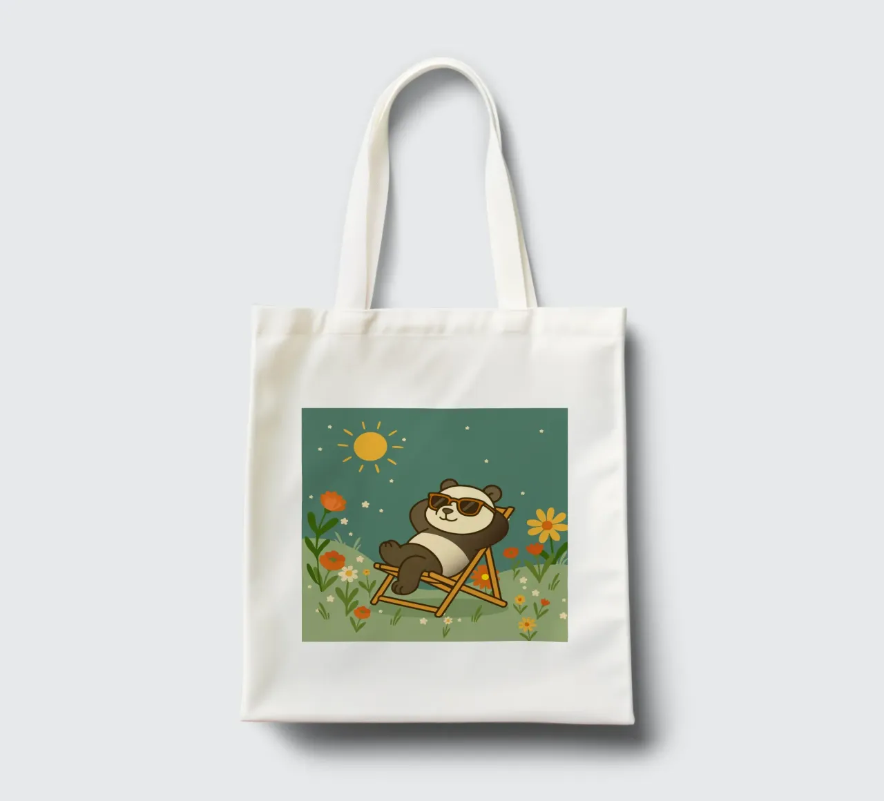 Un panda rilassato, sdraiato su una sedia a sdraio, con indosso un fresco sole borsa in juta da namosh