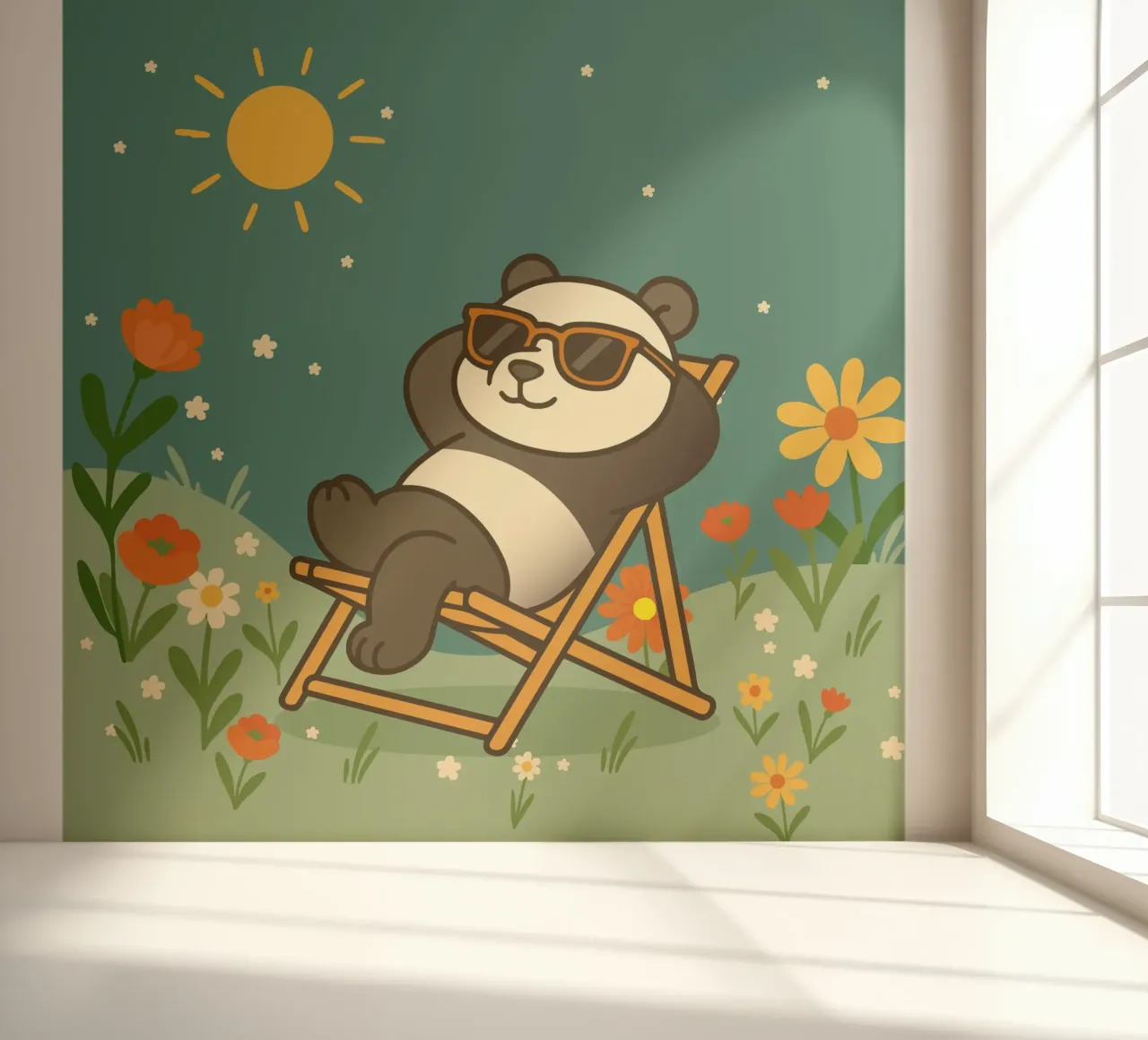 Un panda détendu allongé dans une chaise longue, portant un soleil cool papier peint photo de namosh