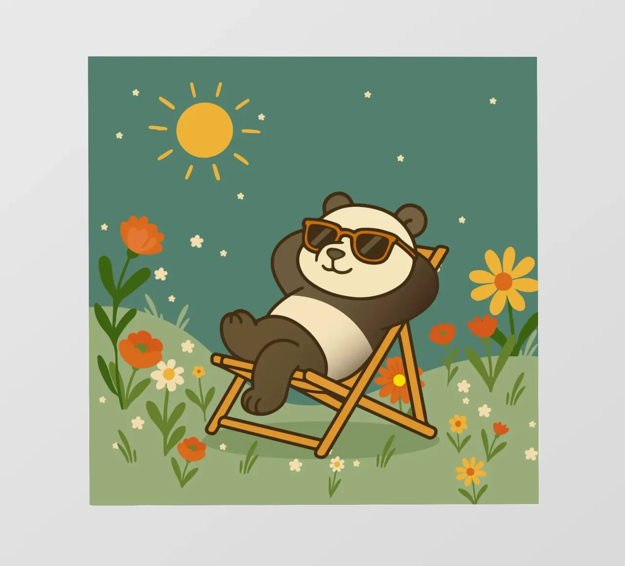 Un panda détendu allongé dans une chaise longue, portant un soleil cool papier peint photo de namosh