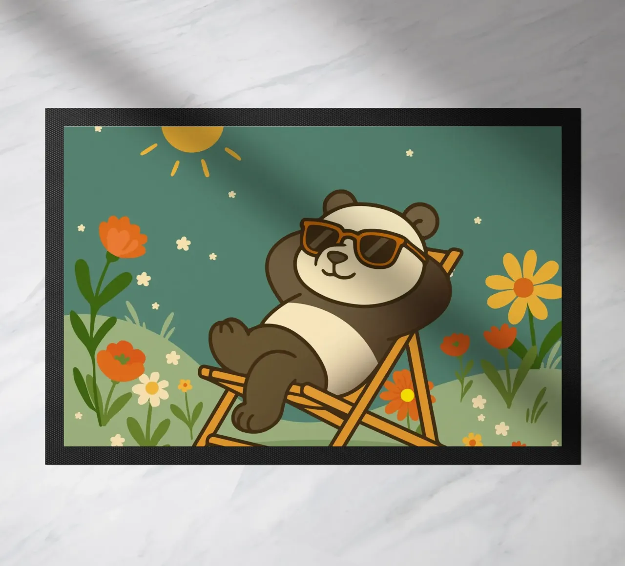 Un panda détendu allongé dans une chaise longue, portant un soleil cool paillasson de namosh