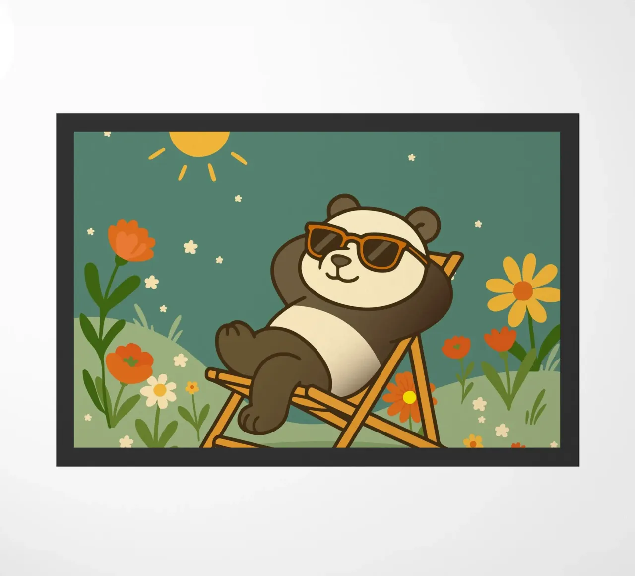 Un panda détendu allongé dans une chaise longue, portant un soleil cool paillasson de namosh