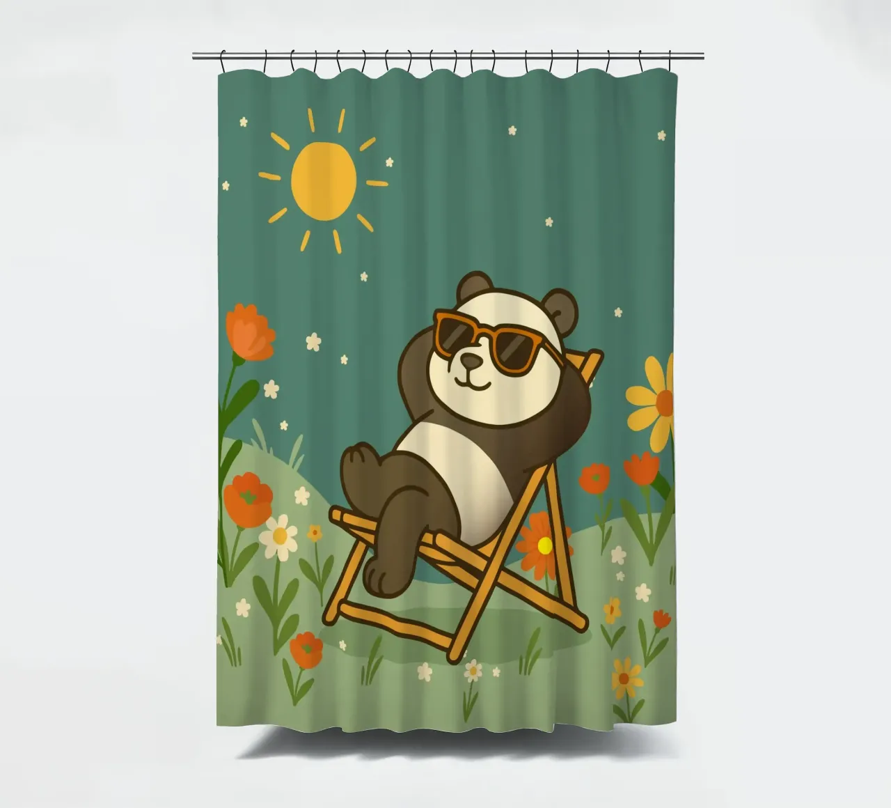 Un panda rilassato, sdraiato su una sedia a sdraio, con indosso un fresco sole tenda da doccia da namosh