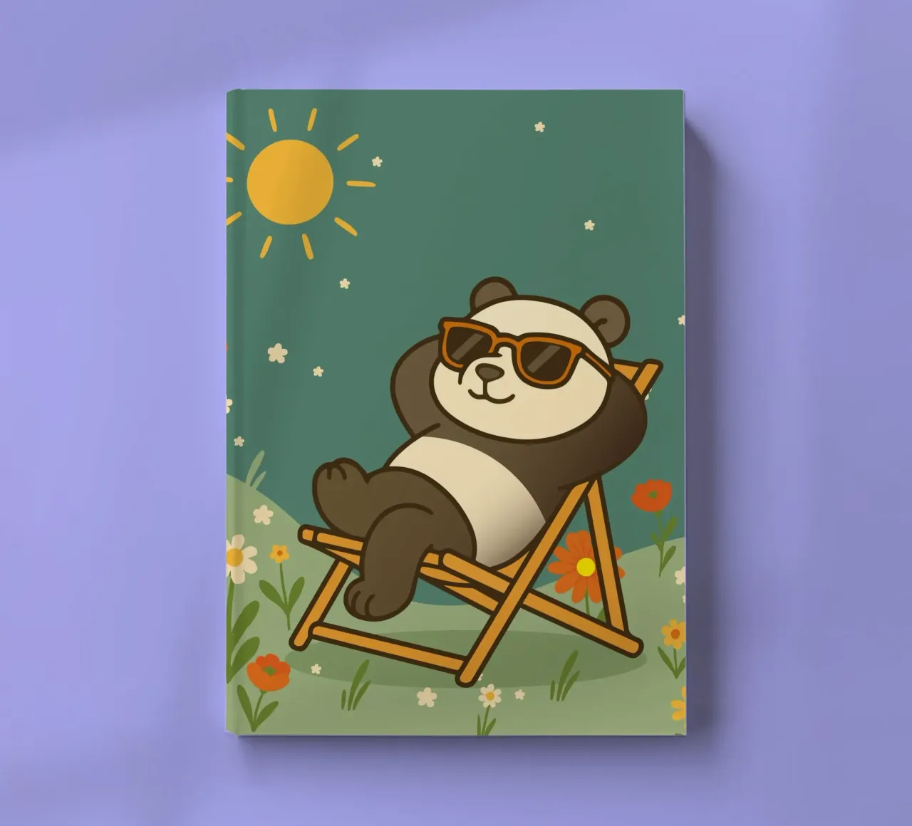 Un panda détendu allongé dans une chaise longue, portant un soleil cool carnet de notes de namosh