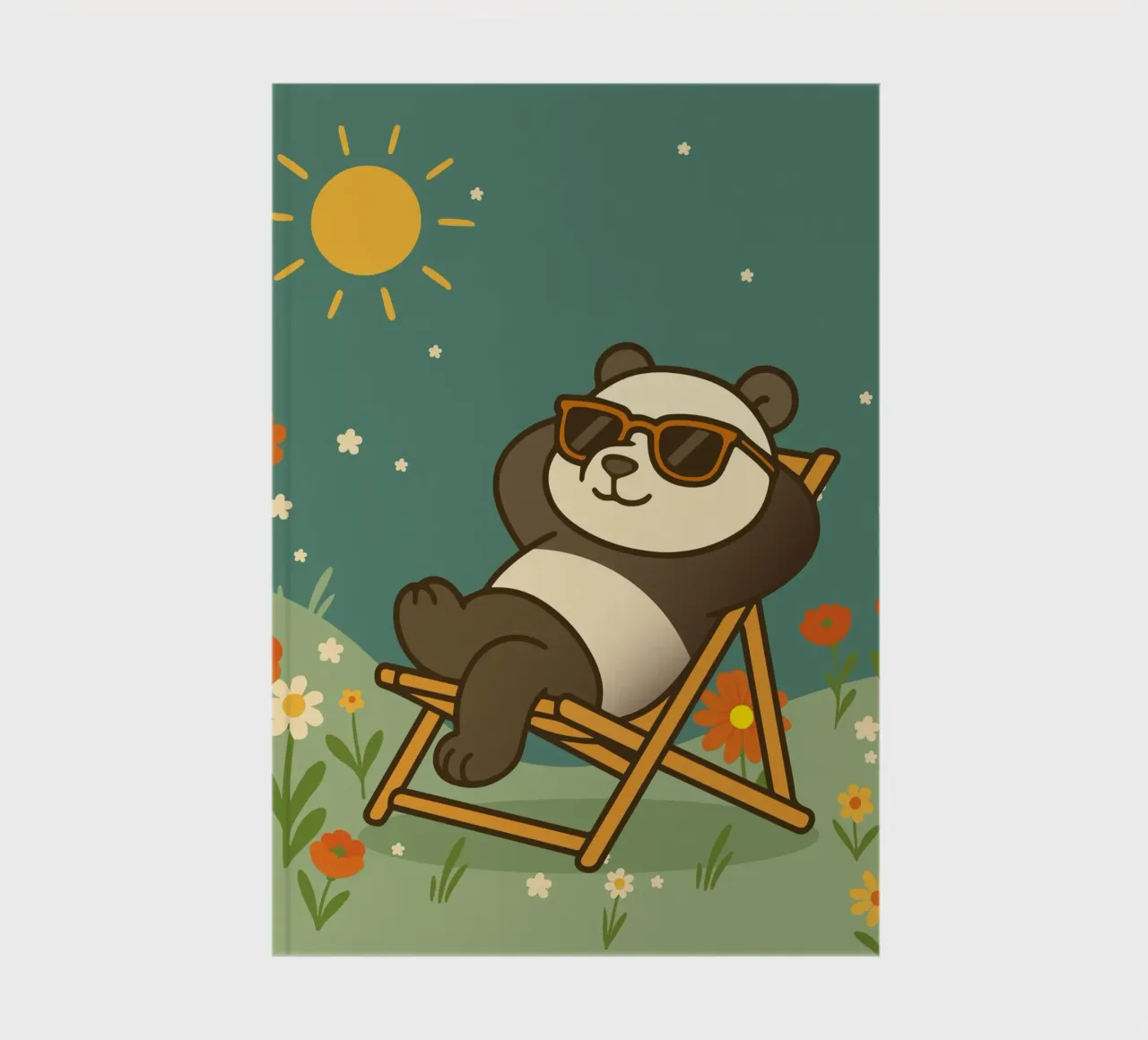 Un panda détendu allongé dans une chaise longue, portant un soleil cool carnet de notes de namosh