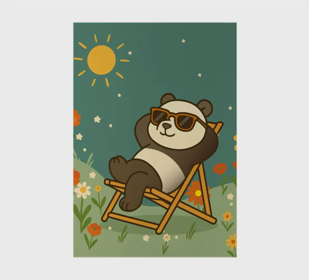 Un panda détendu allongé dans une chaise longue, portant un soleil cool carnet de notes de namosh