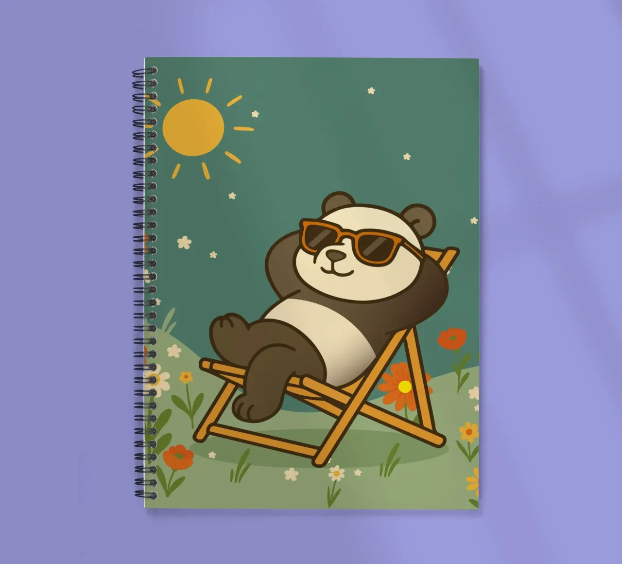 Un panda détendu allongé dans une chaise longue, portant un soleil cool carnet à spirale de namosh