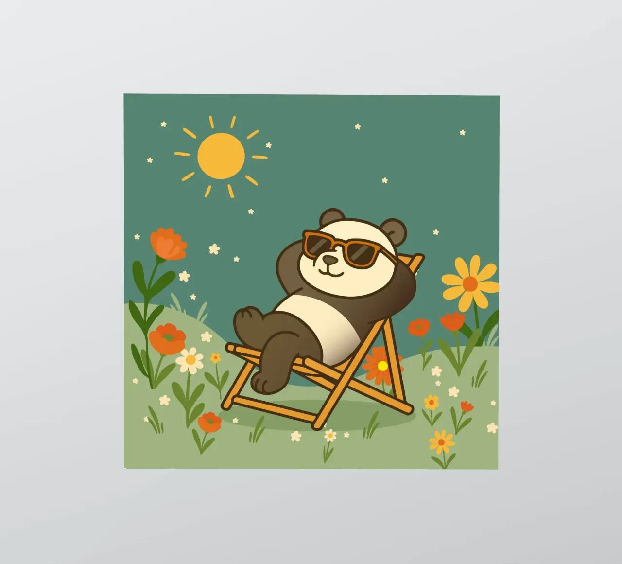 Un panda détendu allongé dans une chaise longue, portant un soleil cool autocollant de namosh