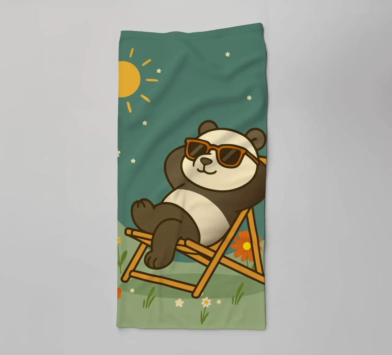 Un panda détendu allongé dans une chaise longue, portant un soleil cool serviette de bain de namosh