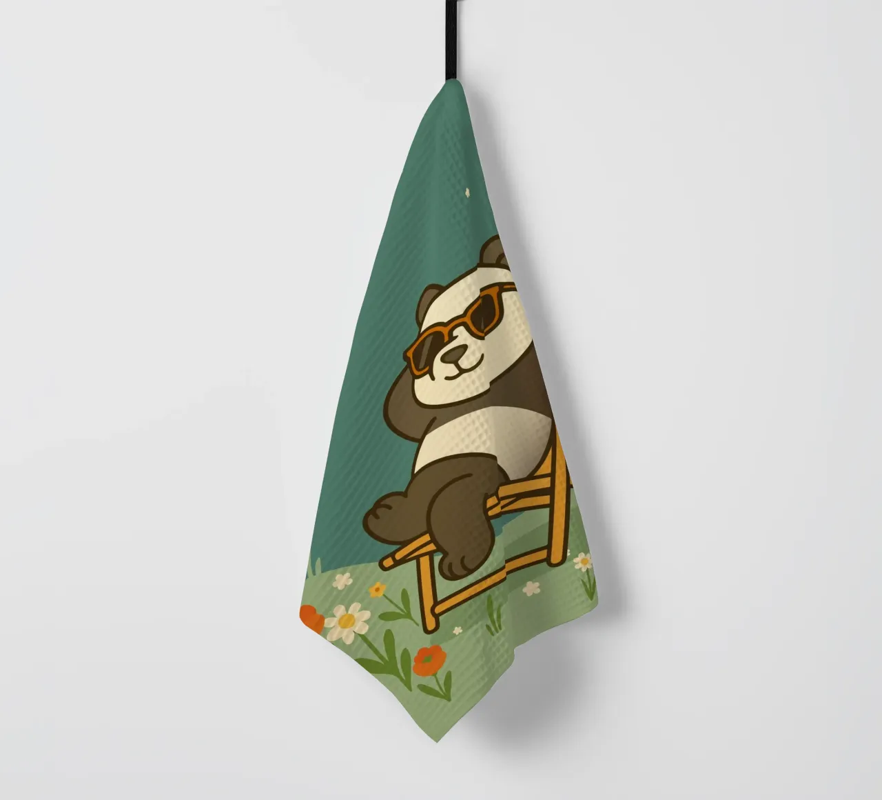 Un panda détendu allongé dans une chaise longue, portant un soleil cool torchon de namosh
