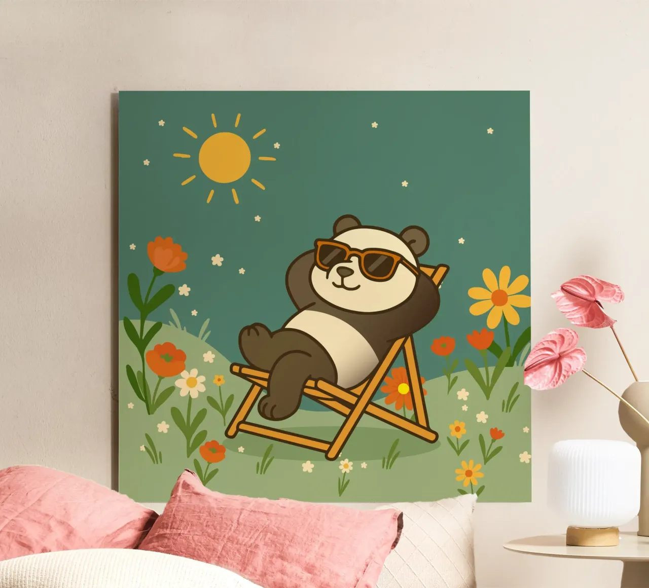 Un panda rilassato, sdraiato su una sedia a sdraio, con indosso un fresco sole alluminio dibond da namosh