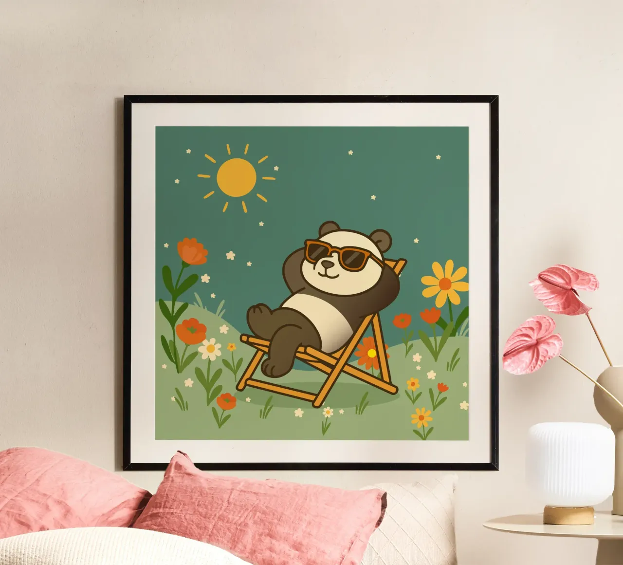 Un panda détendu allongé dans une chaise longue, portant un soleil cool hahnemühle de namosh