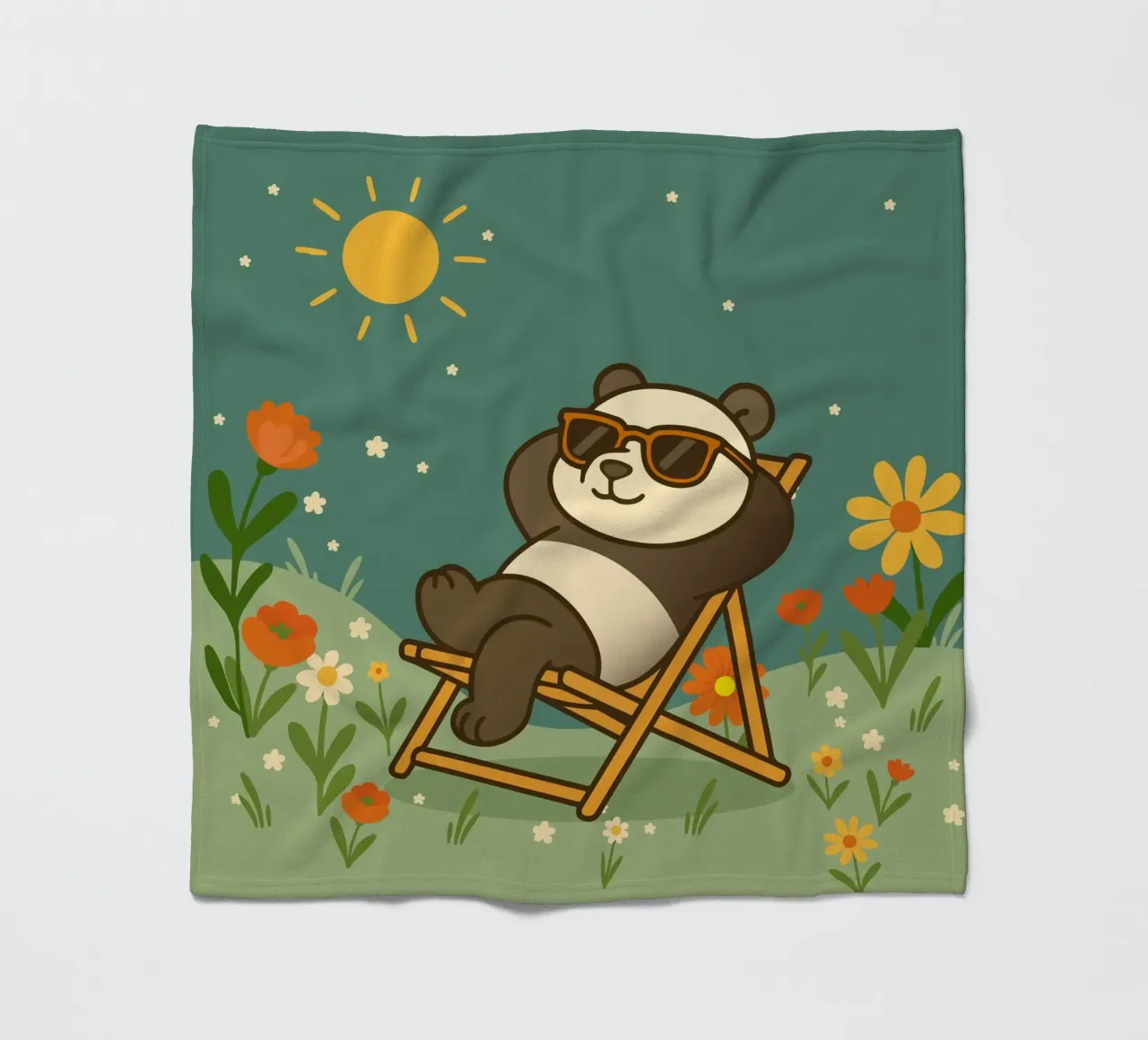 Un panda rilassato, sdraiato su una sedia a sdraio, con indosso un fresco sole coperta in pile da namosh