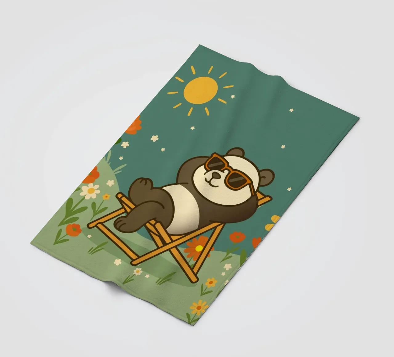 Un panda rilassato, sdraiato su una sedia a sdraio, con indosso un fresco sole coperta in pile da namosh