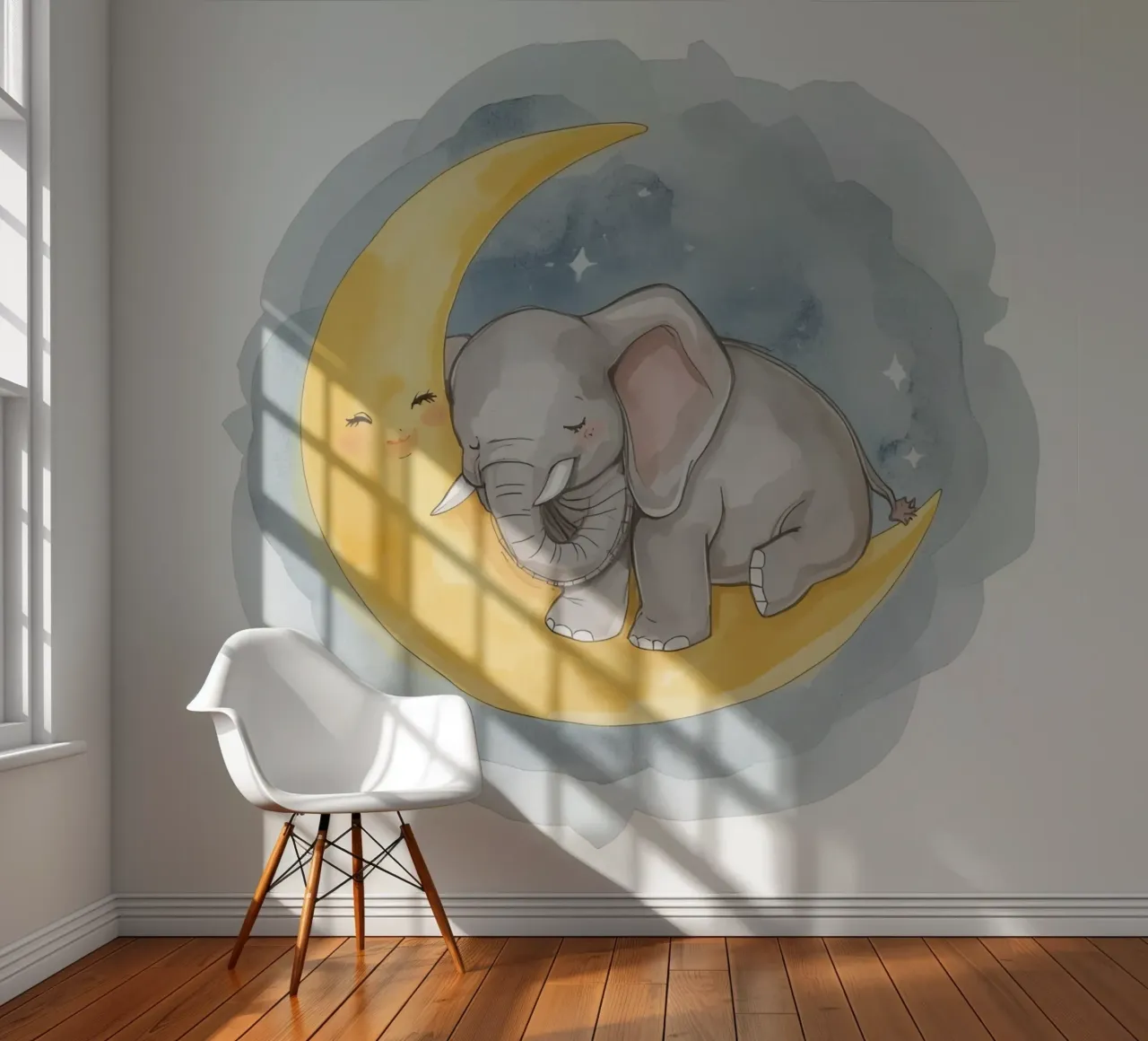 Un petit éléphant se repose sur la lune jaune avec un visage endormi. papier peint photo de DesignDoodle