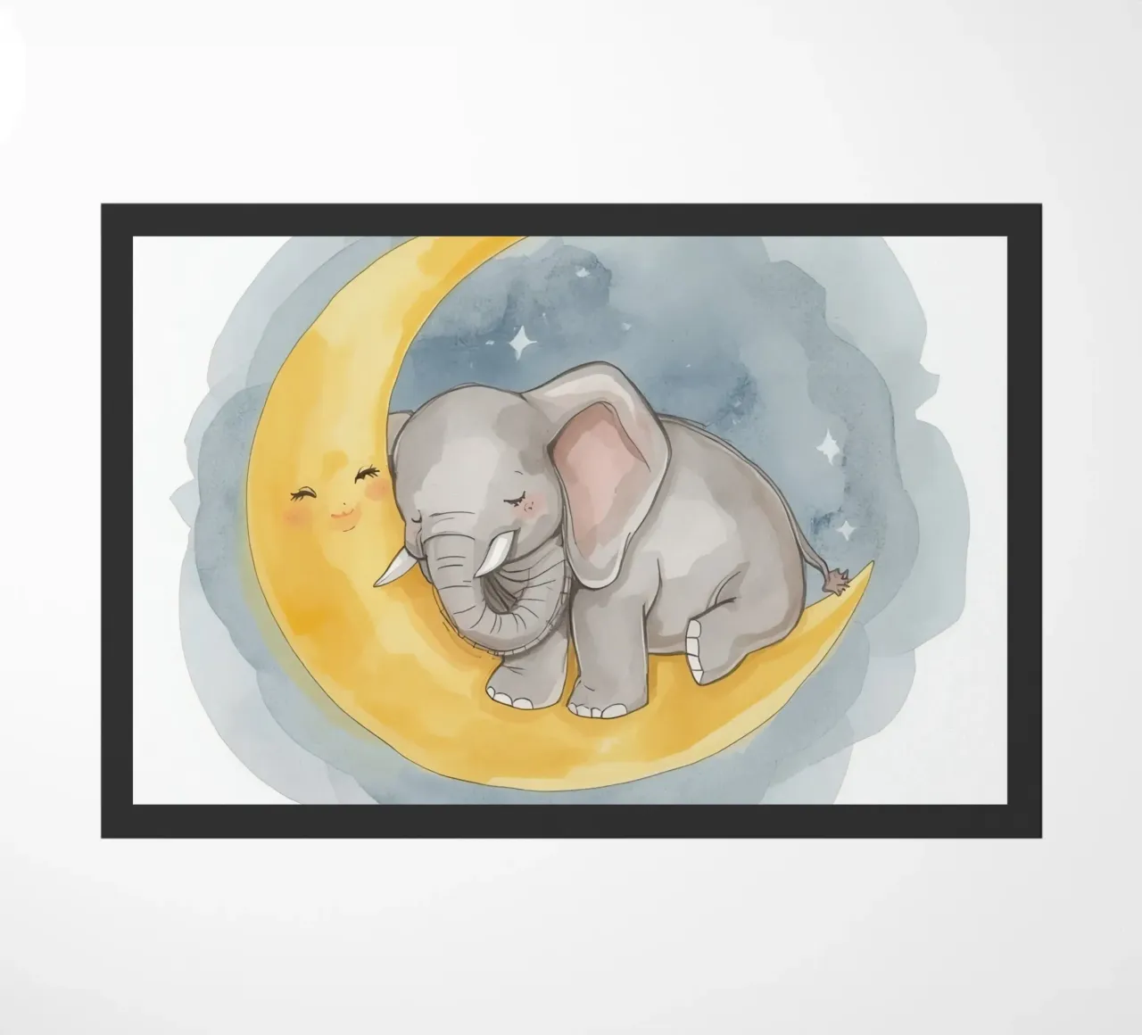 Un petit éléphant se repose sur la lune jaune avec un visage endormi. paillasson de DesignDoodle