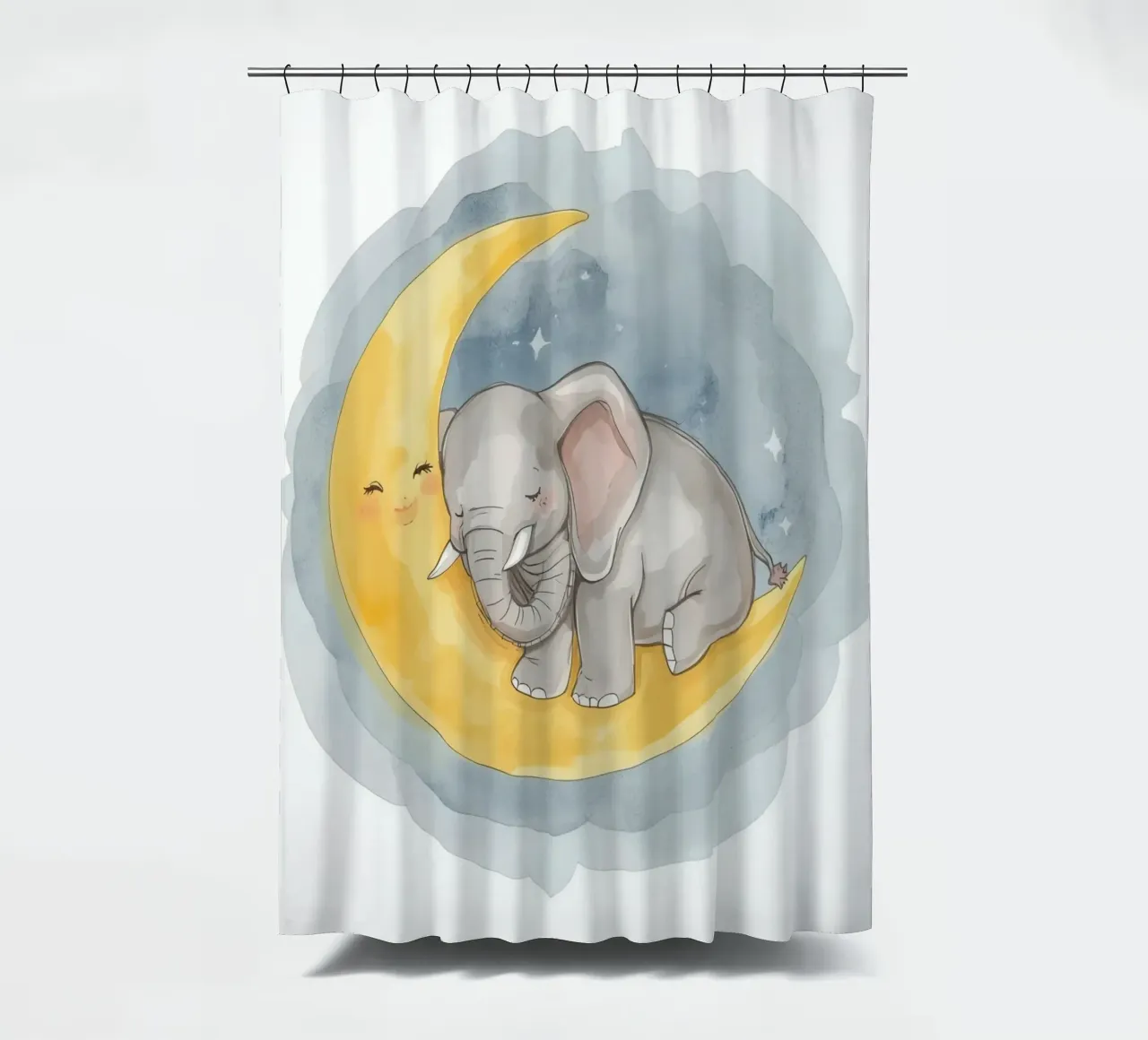 Un petit éléphant se repose sur la lune jaune avec un visage endormi. rideau de douche de DesignDoodle