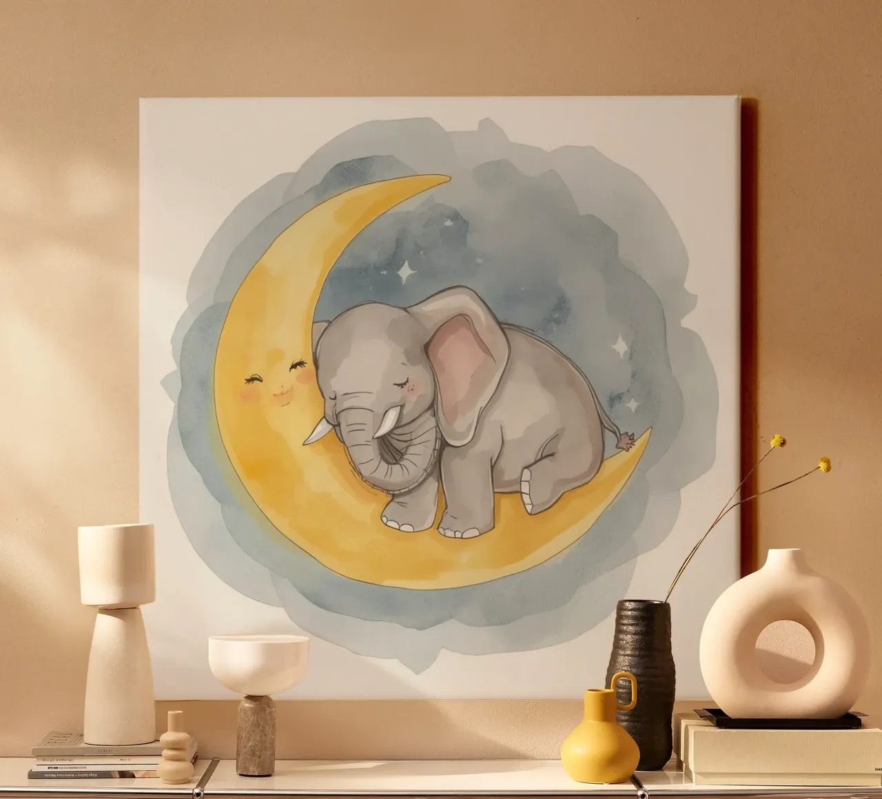 Little elephant rests on the yellow moon with a sleepy face canvas by DesignDoodle