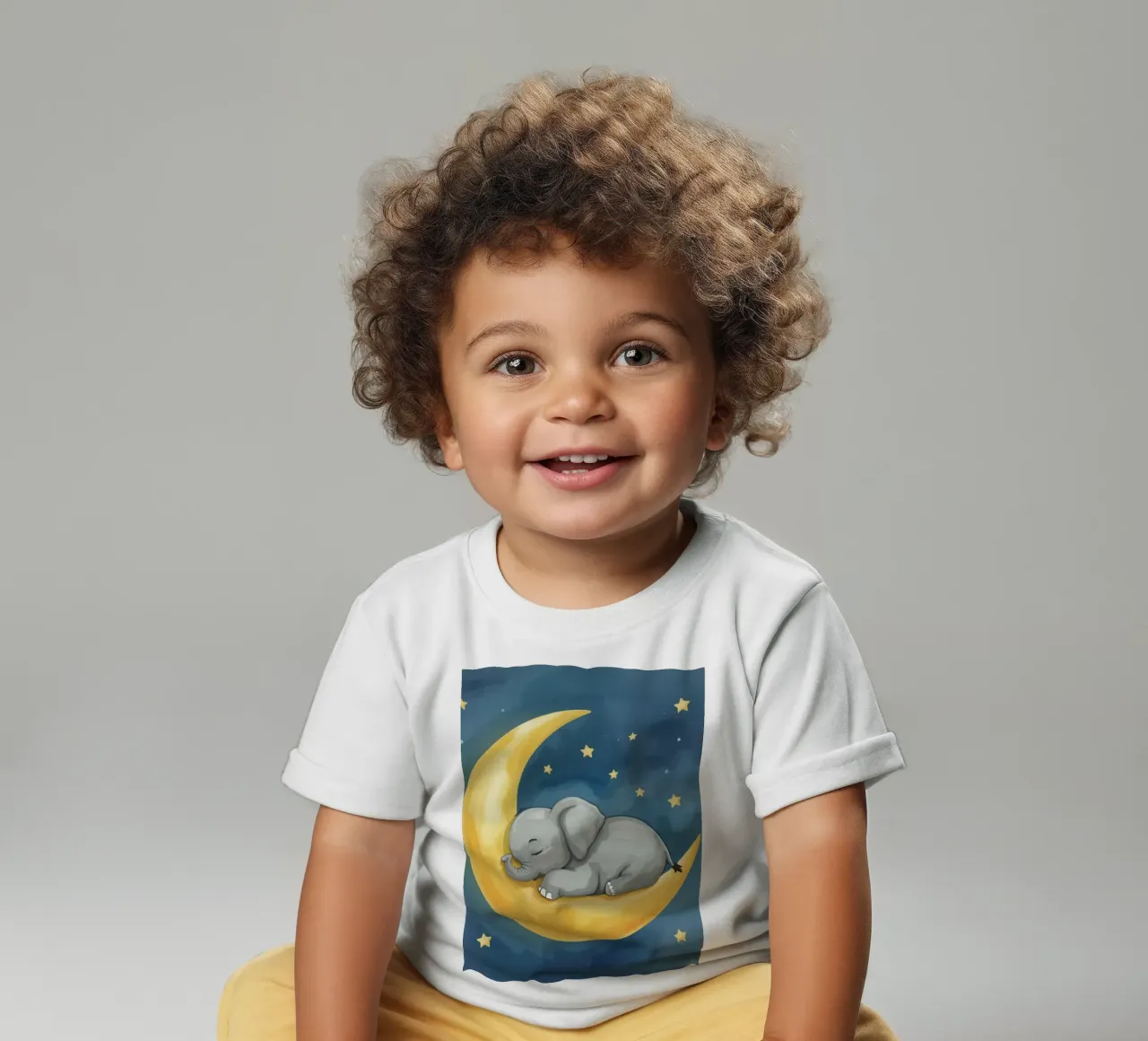 Little elephant sleeps peacefully on the golden Moon baby t-shirt by DesignDoodle