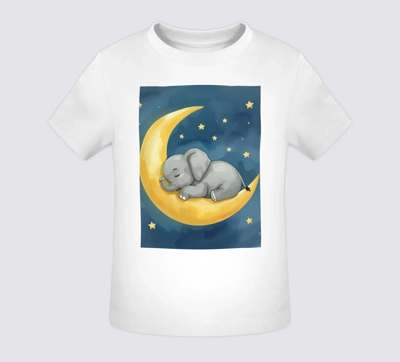 Little elephant sleeps peacefully on the golden Moon baby t-shirt by DesignDoodle