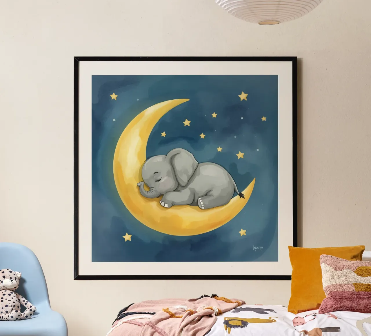 Il piccolo elefante dorme tranquillo sulla Luna dorata carta hahnemühle da DesignDoodle