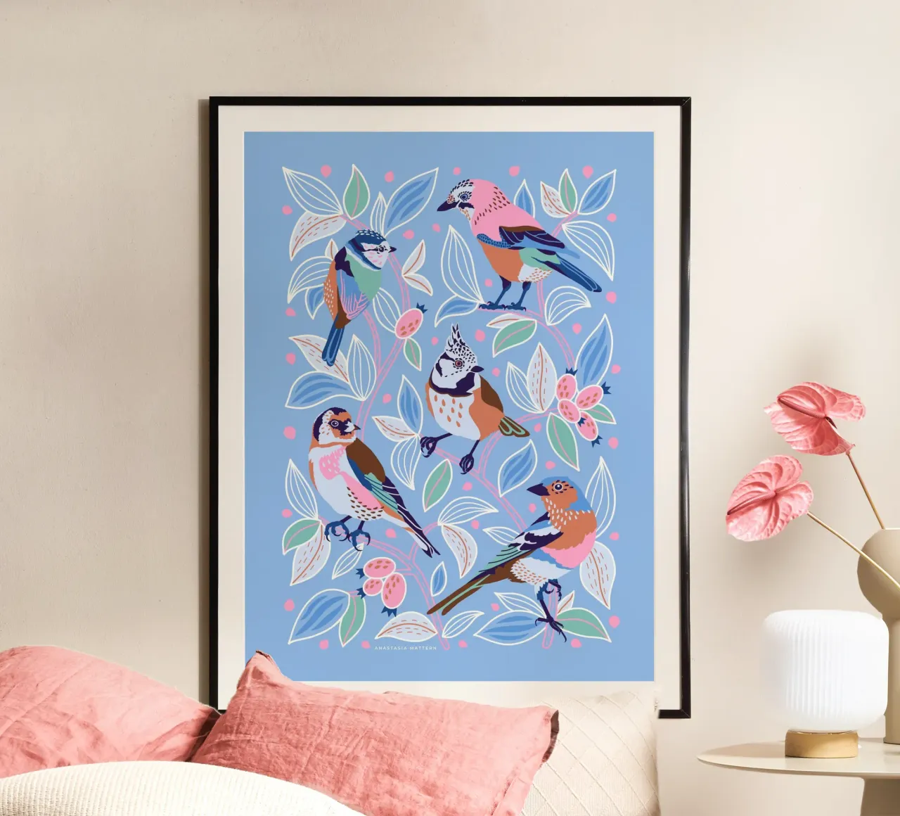 BIRDS & BERRIES poster with aluminum frame by Anastasia Mattern