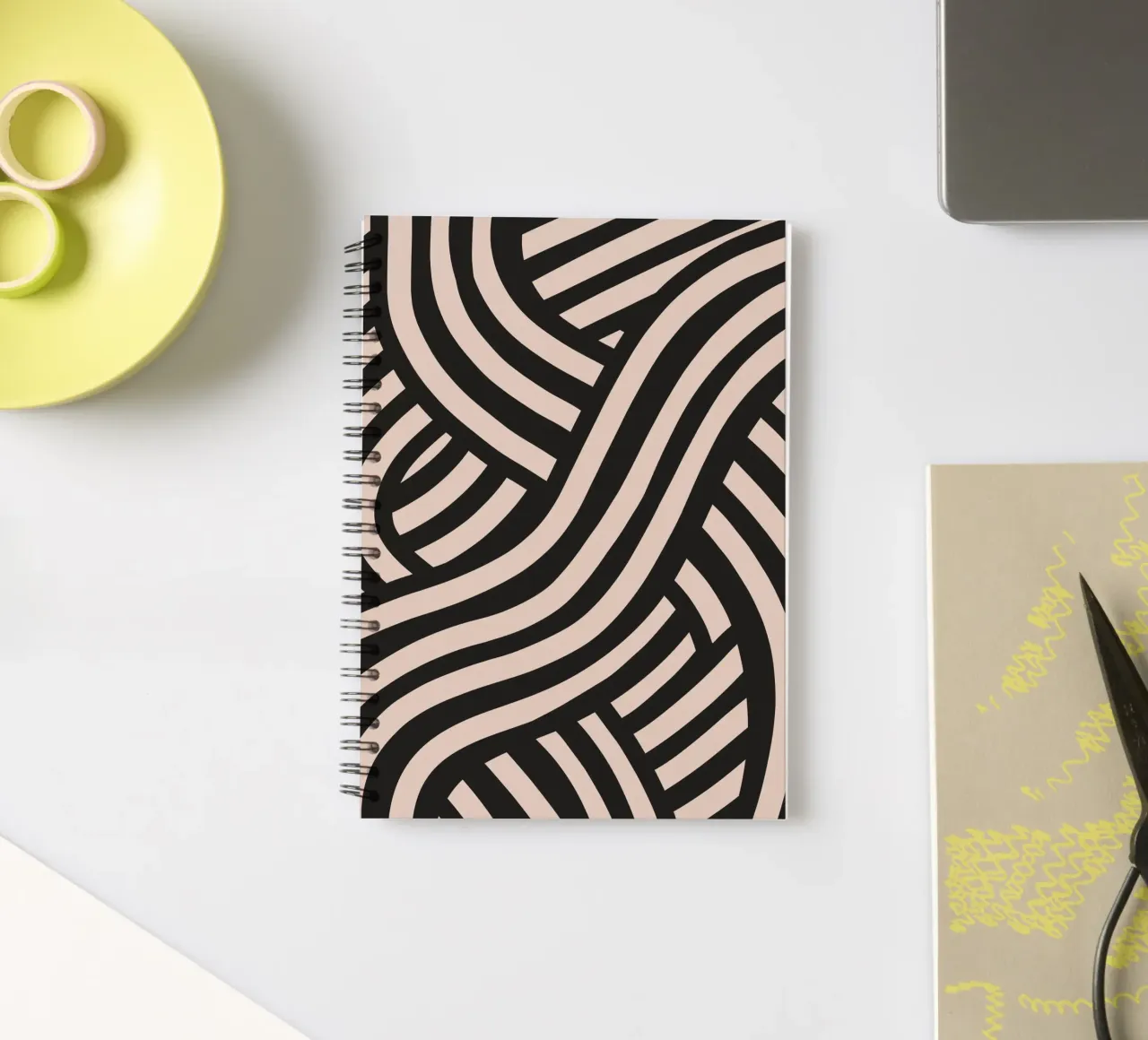 Asymmetrical linocut line art pattern 02 spiral notebook by Little Dean