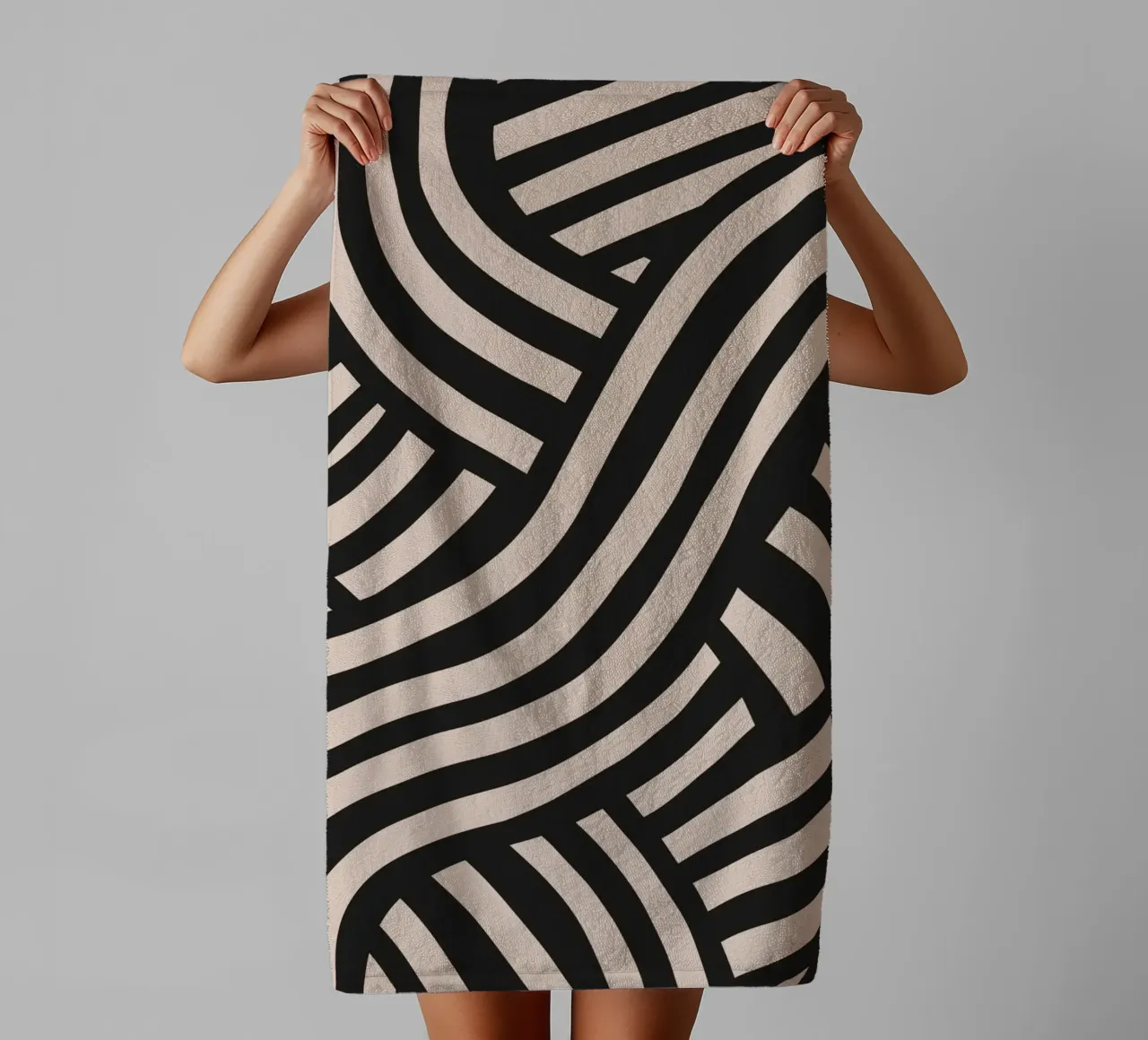 Asymmetrical linocut line art pattern 02 towel by Little Dean