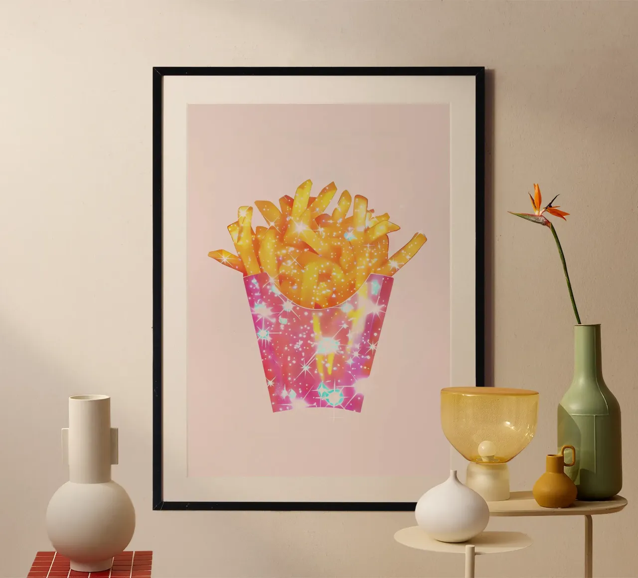 Glittering French Fries poster con telaio in legno da Attaboy Dsgn