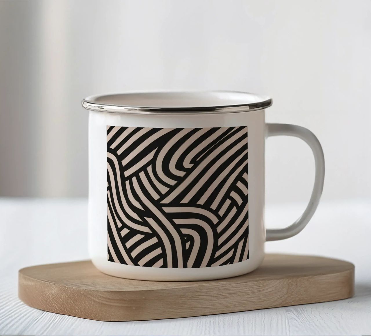 Asymmetrical linocut line art pattern 02 enamel mug by Little Dean