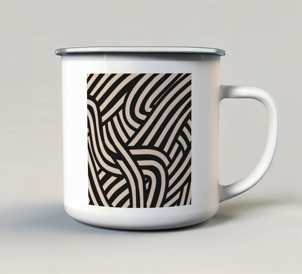 Asymmetrical linocut line art pattern 02 enamel mug by Little Dean