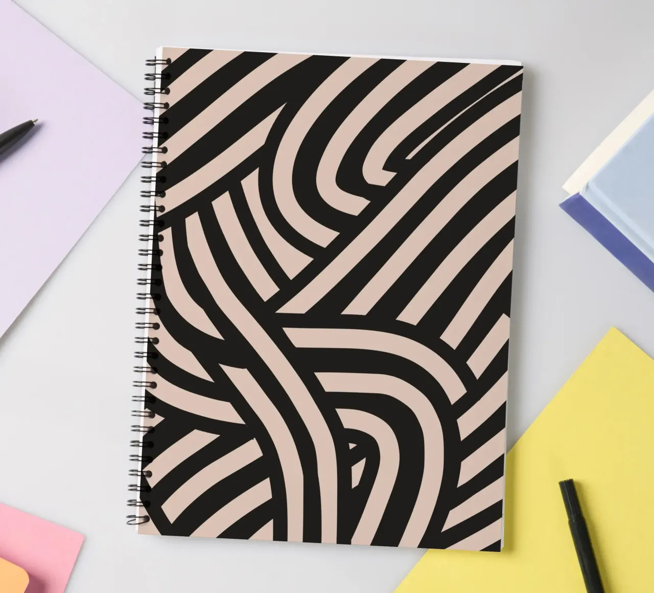 Asymmetrical linocut line art pattern 02 spiral notebook by Little Dean