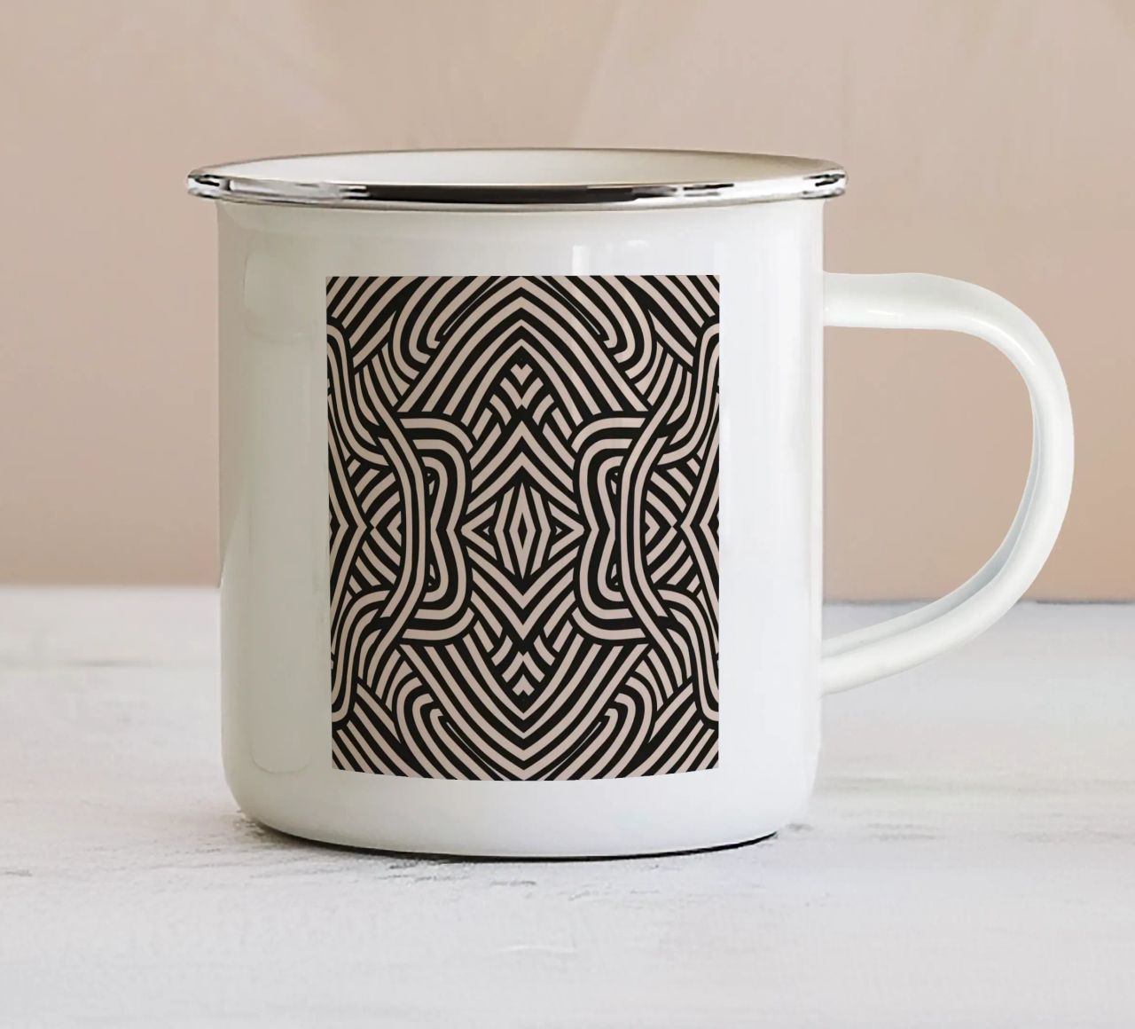 Symmetrical linocut line art pattern 03 enamel mug by Little Dean