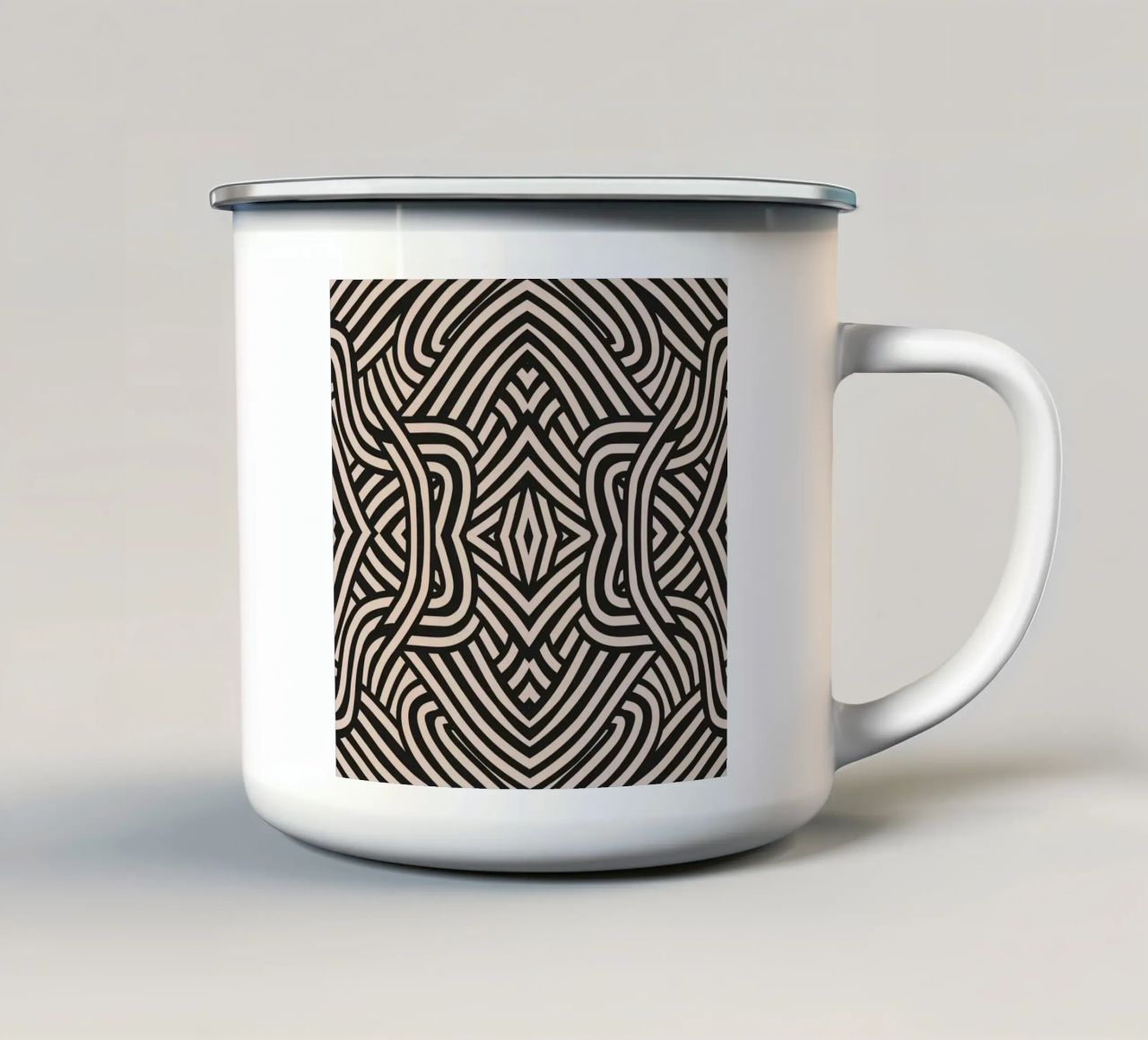 Symmetrical linocut line art pattern 03 enamel mug by Little Dean