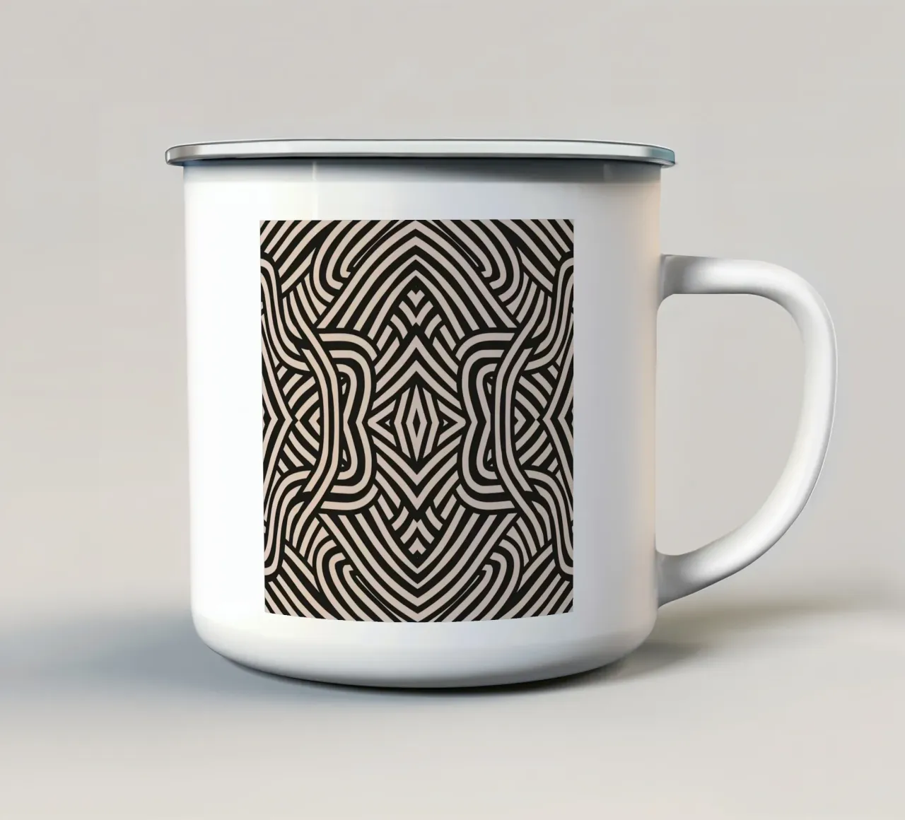 Symmetrisches Linolschnitt-Linienkunstmuster 03 Emaille Tasse von Little Dean