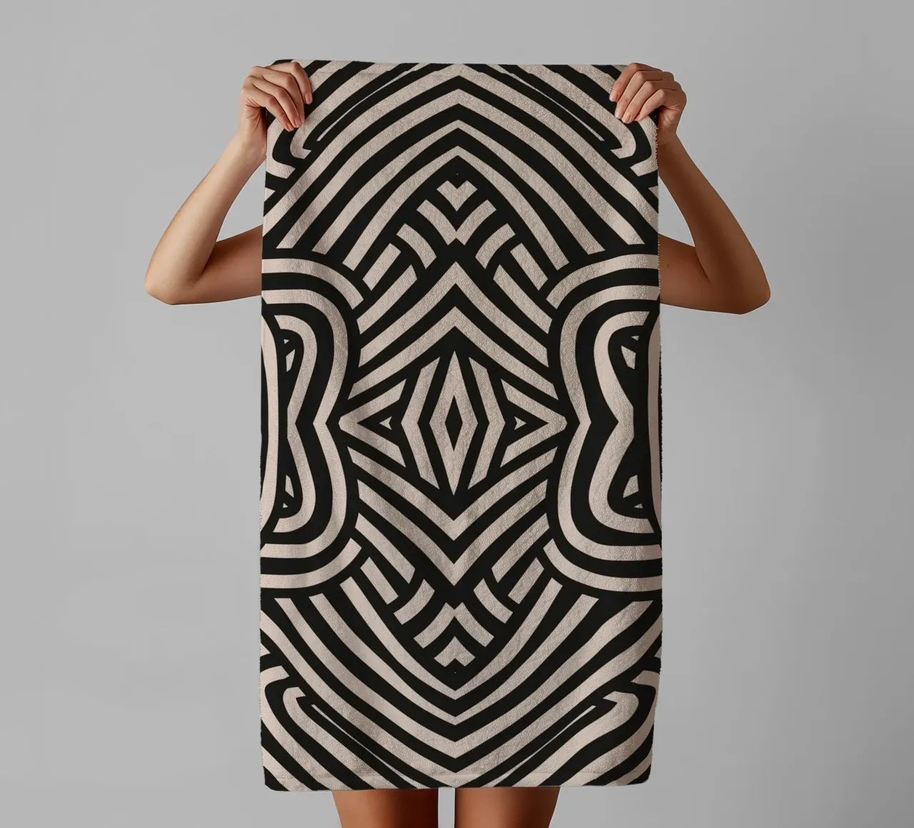 Symmetrical linocut line art pattern 03 towel by Little Dean