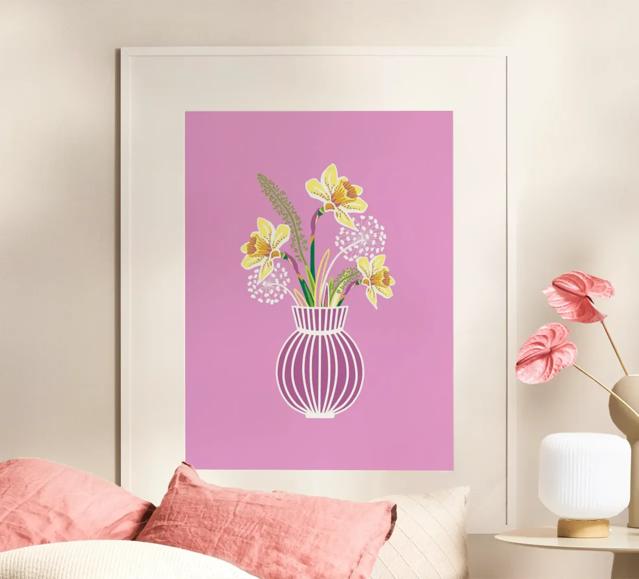 NARZISSENSTRAUß (pink) poster with aluminum frame by Anastasia Mattern