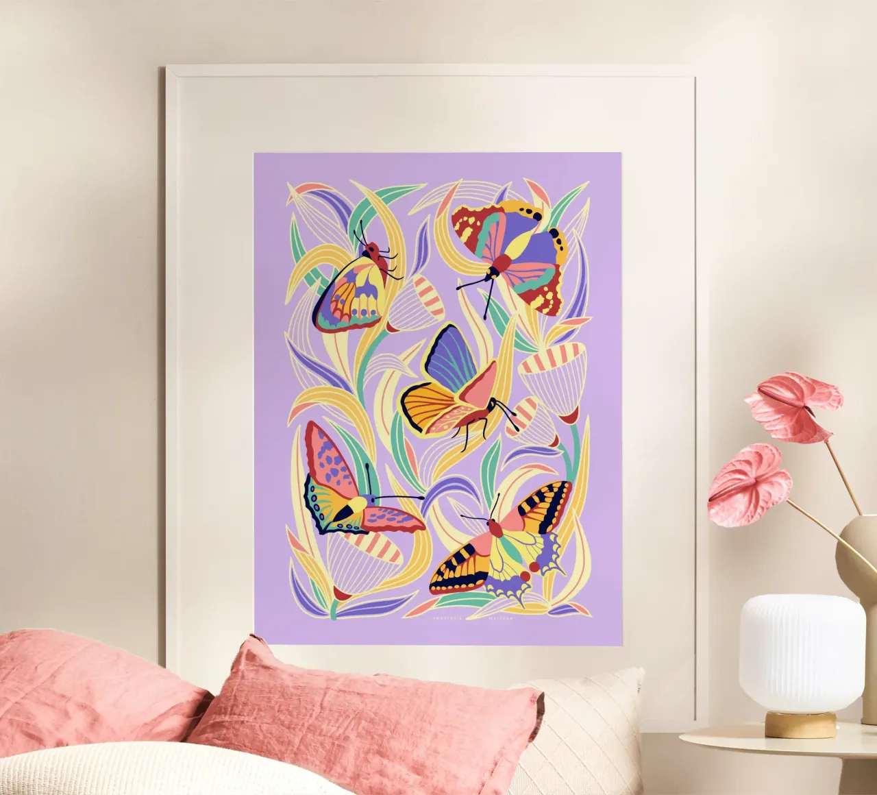 BUTTERFLIES & BLOOMS poster con telaio in legno da Anastasia Mattern