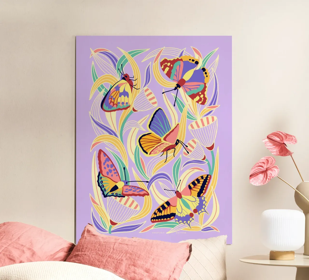BUTTERFLIES & BLOOMS poster con telaio in legno da Anastasia Mattern