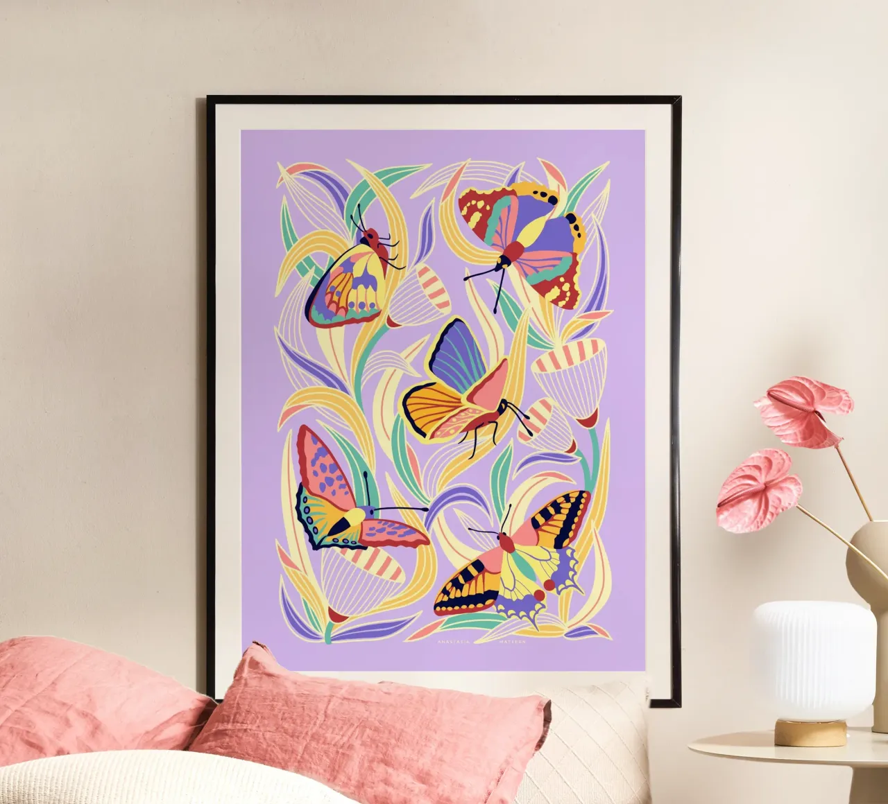 BUTTERFLIES & BLOOMS poster con telaio in legno da Anastasia Mattern