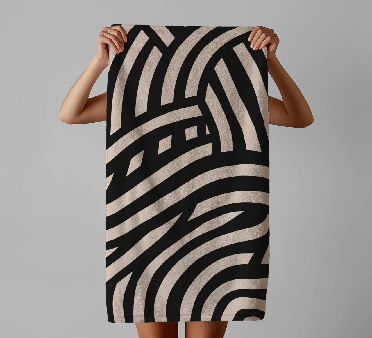 Asymmetrical linocut line art pattern 03 towel by Little Dean