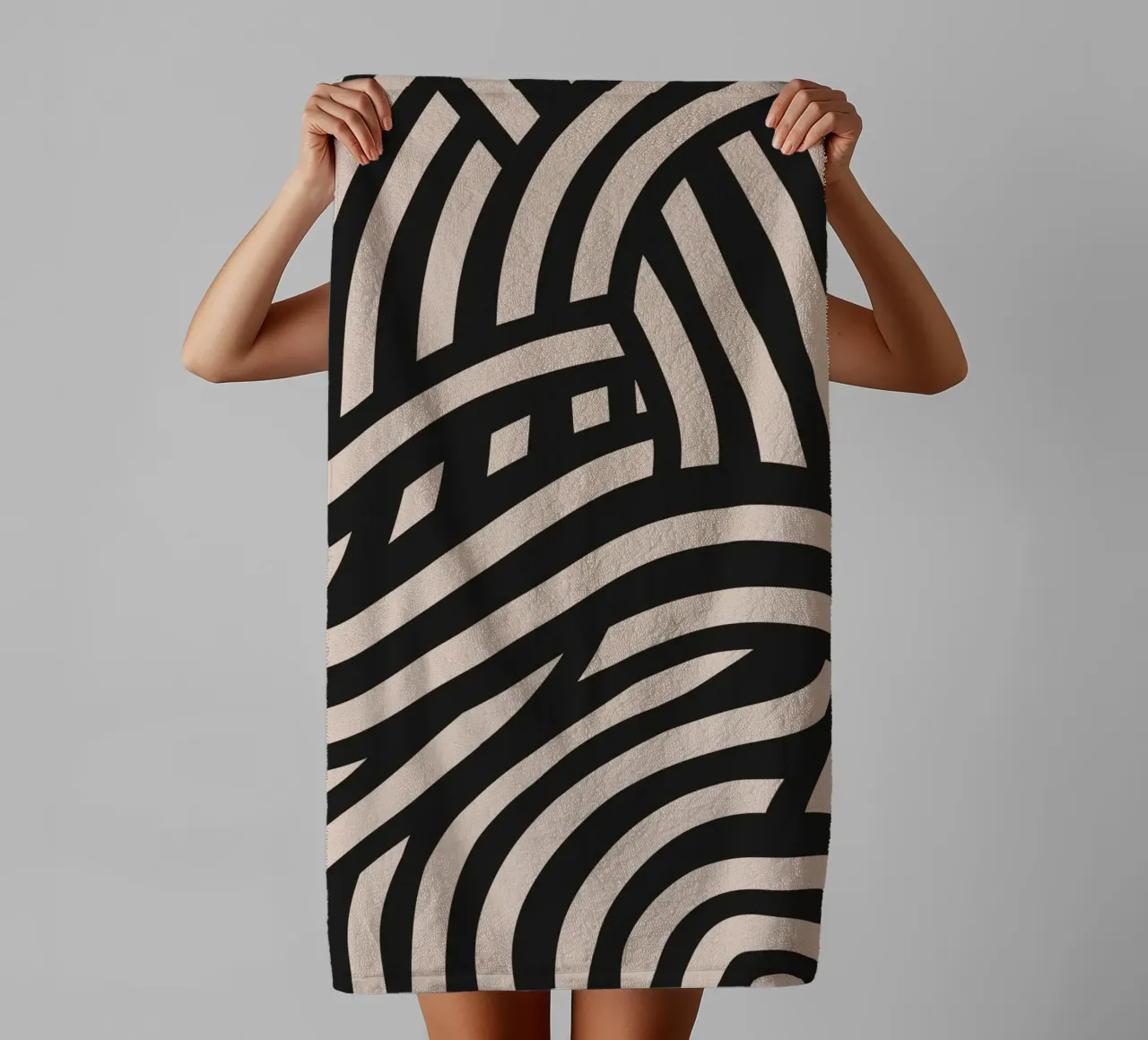 Asymmetrical linocut line art pattern 03 towel by Little Dean