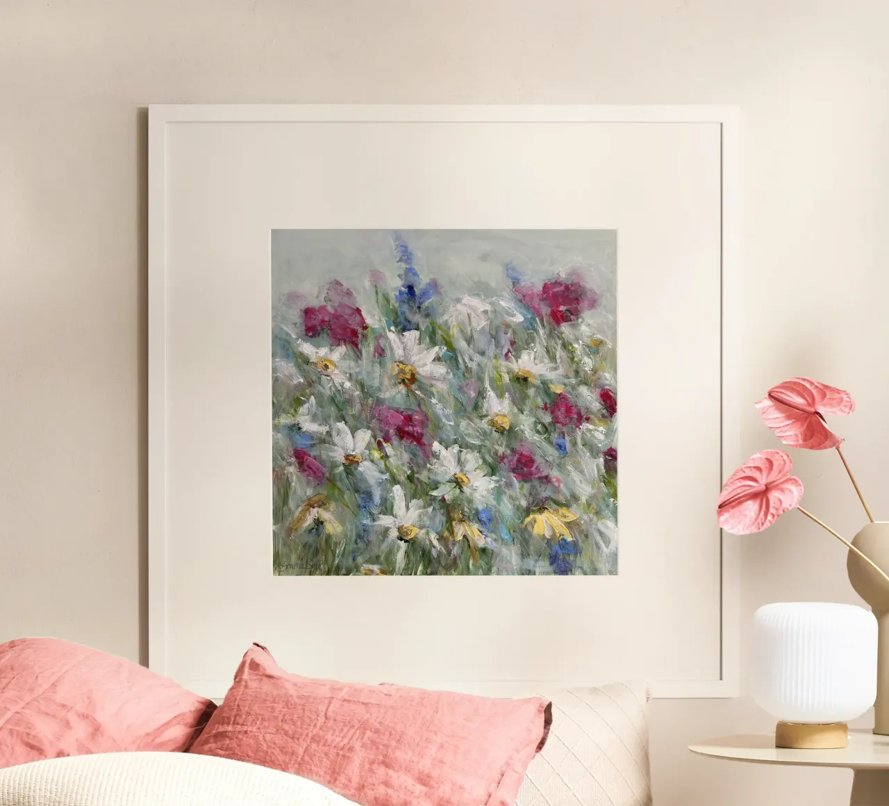 Marguerite dans les tons rose, blanc et jaune poster de Emma Bell