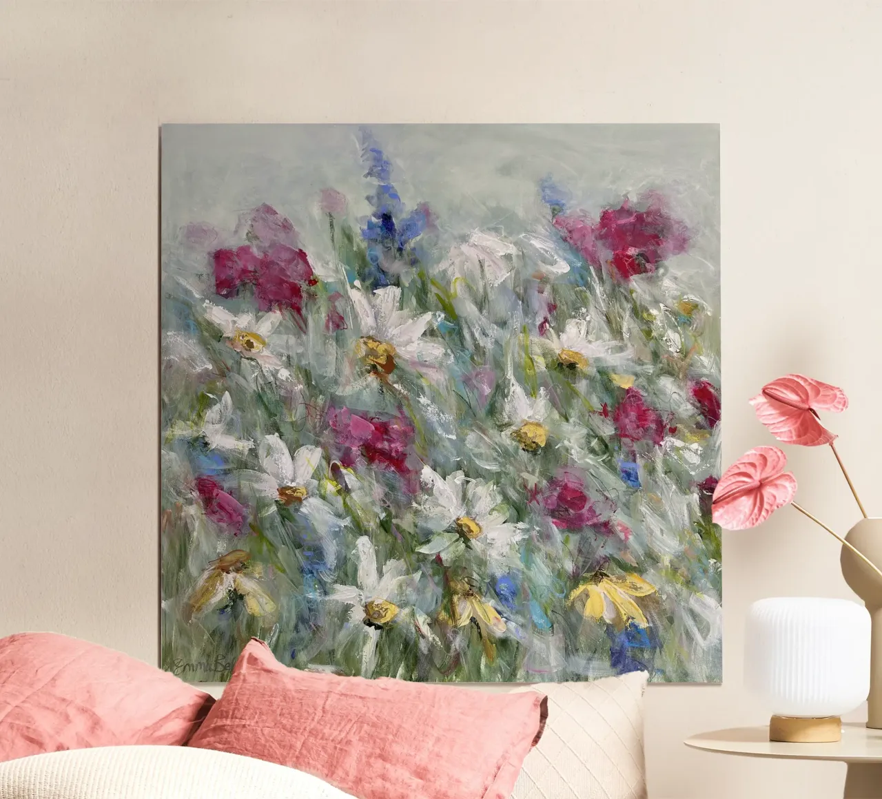 Marguerite dans les tons rose, blanc et jaune poster de Emma Bell