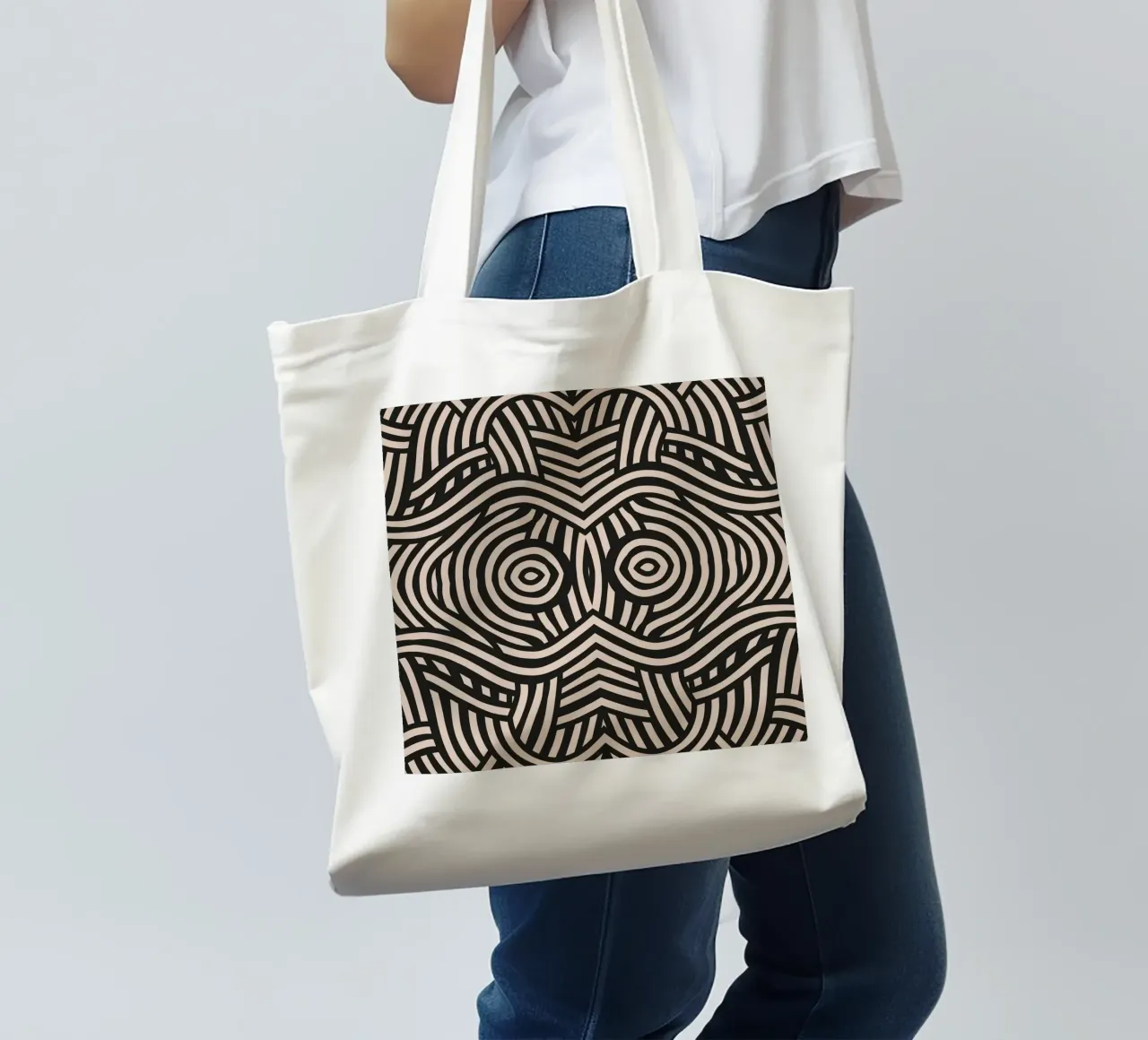 Symmetrical linocut line art pattern 04 tote bag by Little Dean