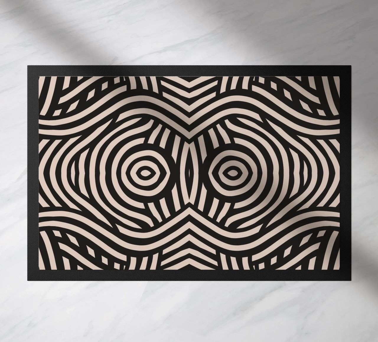 Symmetrical linocut line art pattern 04 doormat by Little Dean